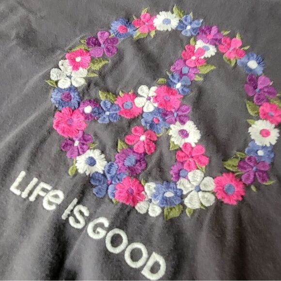 EMBROIDERED FLORAL PEACE SIGN PINK GRAY LONG SLEEVE LIFE IS GOOD XL TSHIRT EXTRA - Picture 1 of 8